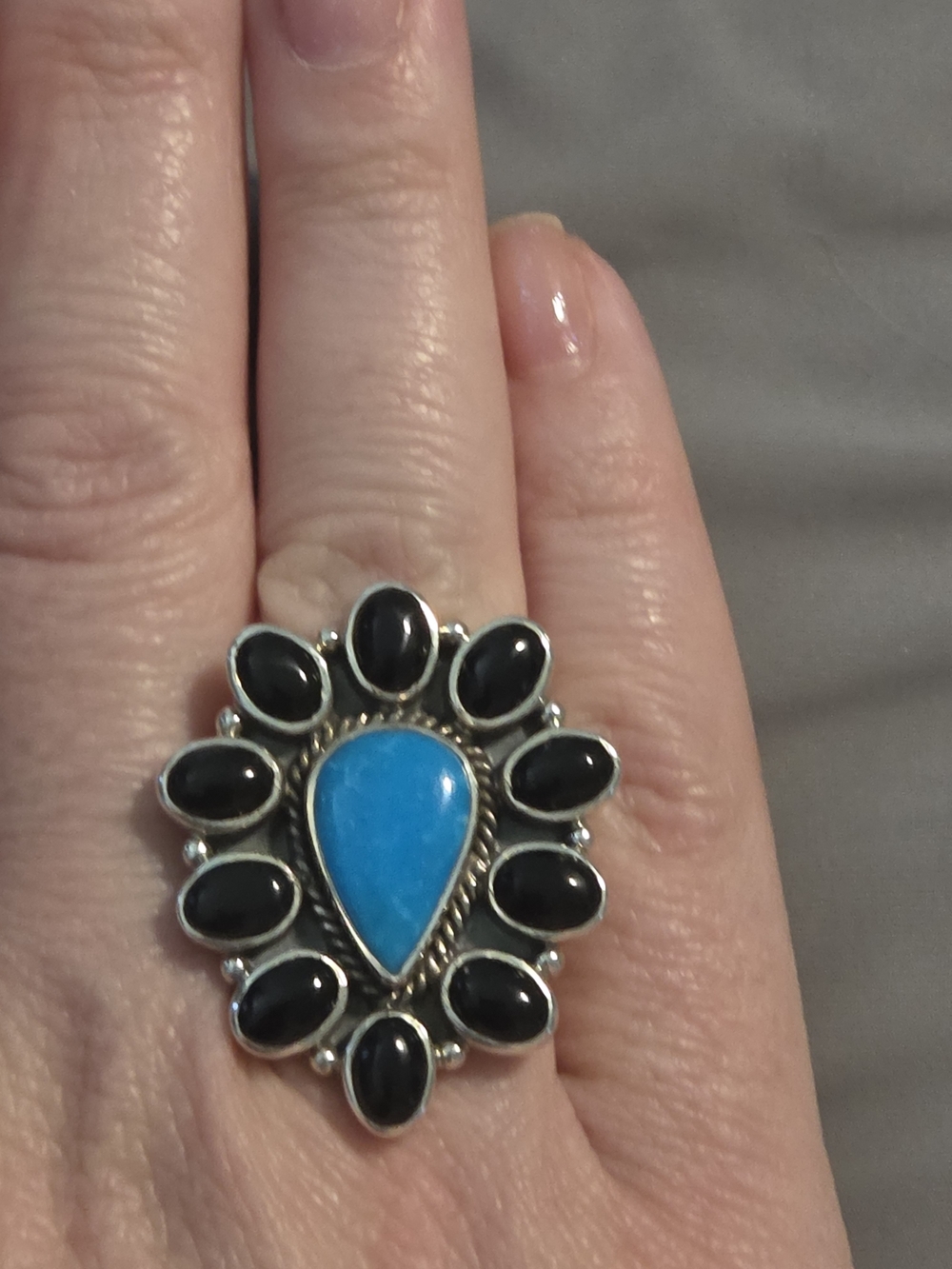 Sterling Silver Turquoise & Black Onyx Teardrop Statement Ring